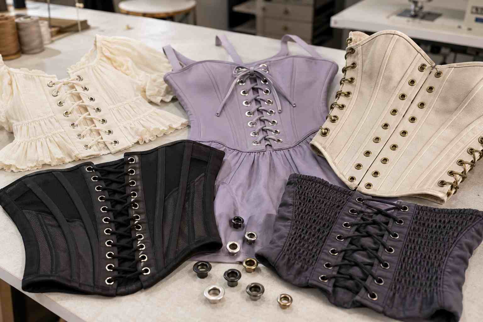 grommet clothes,Grommet clothes featuring metal grommets installed on corsets and lace-up garments in different styles and colors